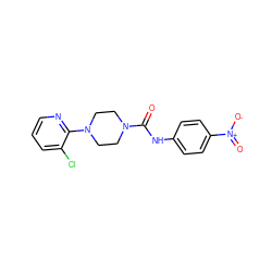 O=C(Nc1ccc([N+](=O)[O-])cc1)N1CCN(c2ncccc2Cl)CC1 ZINC000013553821