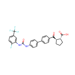 O=C(Nc1ccc(-c2ccc(C(=O)[C@@H]3CCC[C@H]3C(=O)O)cc2)cc1)Nc1cc(C(F)(F)F)ccc1F ZINC000014974408