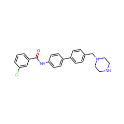 O=C(Nc1ccc(-c2ccc(CN3CCNCC3)cc2)cc1)c1cccc(Cl)c1 ZINC000045322897