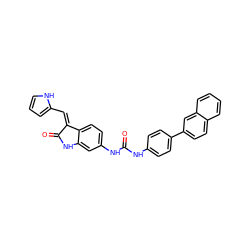 O=C(Nc1ccc(-c2ccc3ccccc3c2)cc1)Nc1ccc2c(c1)NC(=O)/C2=C\c1ccc[nH]1 ZINC000053313074