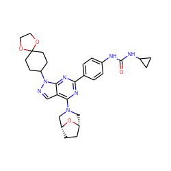 O=C(Nc1ccc(-c2nc(N3C[C@@H]4CC[C@H](C3)O4)c3cnn(C4CCC5(CC4)OCCO5)c3n2)cc1)NC1CC1 ZINC000049762514