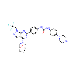 O=C(Nc1ccc(-c2nc(N3C[C@@H]4CC[C@H](C3)O4)c3cnn(CC(F)(F)F)c3n2)cc1)Nc1ccc(N2CCNCC2)cc1 ZINC000049708578