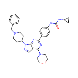 O=C(Nc1ccc(-c2nc(N3CCOCC3)c3cnn(C4CCN(Cc5ccccc5)CC4)c3n2)cc1)NC1CC1 ZINC000049784363