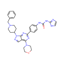 O=C(Nc1ccc(-c2nc(N3CCOCC3)c3cnn(C4CCN(Cc5ccccc5)CC4)c3n2)cc1)Nc1ncc[nH]1 ZINC000049802304