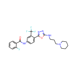 O=C(Nc1ccc(-c2nnc(NCCCN3CCCCC3)o2)c(C(F)(F)F)c1)c1ccccc1F ZINC000084620066