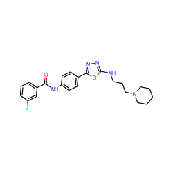 O=C(Nc1ccc(-c2nnc(NCCCN3CCCCC3)o2)cc1)c1cccc(F)c1 ZINC000084634638