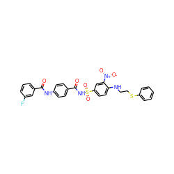 O=C(Nc1ccc(C(=O)NS(=O)(=O)c2ccc(NCCSc3ccccc3)c([N+](=O)[O-])c2)cc1)c1cccc(F)c1 ZINC000073240526