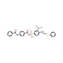 O=C(Nc1ccc(C(=O)NS(=O)(=O)c2ccc(NCCSc3ccccc3)c([N+](=O)[O-])c2)cc1)c1ccccc1 ZINC000082157880