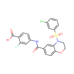 O=C(Nc1ccc(C(=O)O)c(F)c1)c1ccc2c(c1)N(S(=O)(=O)c1cccc(Cl)c1)CCO2 ZINC000114513517