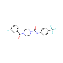 O=C(Nc1ccc(C(F)(F)F)cc1)N1CCN(C(=O)c2cccc(F)c2)CC1 ZINC000123259536