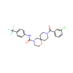 O=C(Nc1ccc(C(F)(F)F)cc1)N1CCOC2(CCN(C(=O)c3cccc(Cl)c3)CC2)C1 ZINC000103233560