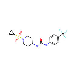 O=C(Nc1ccc(C(F)(F)F)cc1)NC1CCN(S(=O)(=O)C2CC2)CC1 ZINC000119955049