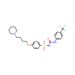 O=C(Nc1ccc(C(F)(F)F)cc1)NS(=O)(=O)c1ccc(OCCCCN2CCCCC2)cc1 ZINC000084602403