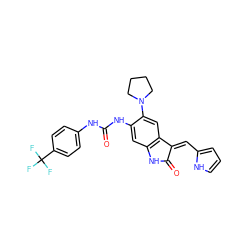 O=C(Nc1ccc(C(F)(F)F)cc1)Nc1cc2c(cc1N1CCCC1)/C(=C/c1ccc[nH]1)C(=O)N2 ZINC000473106578