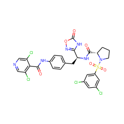 O=C(Nc1ccc(C[C@H](NC(=O)[C@@H]2CCCN2S(=O)(=O)c2cc(Cl)cc(Cl)c2)c2noc(=O)[nH]2)cc1)c1c(Cl)cncc1Cl ZINC000028468412