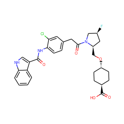 O=C(Nc1ccc(CC(=O)N2C[C@@H](F)C[C@H]2CO[C@H]2CC[C@H](C(=O)O)CC2)cc1Cl)c1c[nH]c2ccccc12 ZINC000253679547