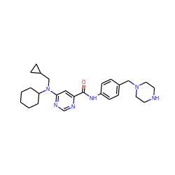 O=C(Nc1ccc(CN2CCNCC2)cc1)c1cc(N(CC2CC2)C2CCCCC2)ncn1 ZINC000144044333