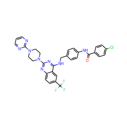 O=C(Nc1ccc(CNc2nc(N3CCN(c4ncccn4)CC3)nc3ccc(C(F)(F)F)cc23)cc1)c1ccc(Cl)cc1 ZINC000145183035