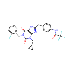 O=C(Nc1ccc(Cc2nc3c([nH]2)c(=O)n(Cc2ccccc2F)c(=O)n3CC2CC2)cc1)C(F)(F)F ZINC000028708801