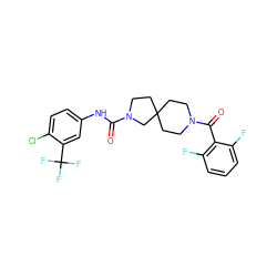 O=C(Nc1ccc(Cl)c(C(F)(F)F)c1)N1CCC2(CCN(C(=O)c3c(F)cccc3F)CC2)C1 ZINC000096285131