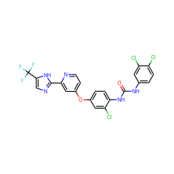 O=C(Nc1ccc(Cl)c(Cl)c1)Nc1ccc(Oc2ccnc(-c3ncc(C(F)(F)F)[nH]3)c2)cc1Cl ZINC000084757045