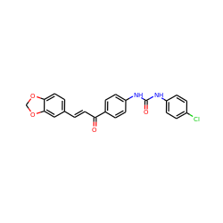 O=C(Nc1ccc(Cl)cc1)Nc1ccc(C(=O)/C=C/c2ccc3c(c2)OCO3)cc1 ZINC000013644504