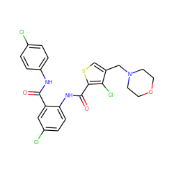 O=C(Nc1ccc(Cl)cc1)c1cc(Cl)ccc1NC(=O)c1scc(CN2CCOCC2)c1Cl ZINC000014963660