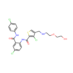 O=C(Nc1ccc(Cl)cc1)c1cc(Cl)ccc1NC(=O)c1scc(CNCCOCCO)c1Cl ZINC000014963722