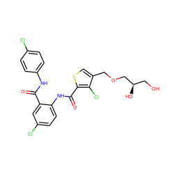 O=C(Nc1ccc(Cl)cc1)c1cc(Cl)ccc1NC(=O)c1scc(COC[C@H](O)CO)c1Cl ZINC000014963818