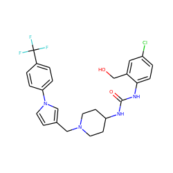 O=C(Nc1ccc(Cl)cc1CO)NC1CCN(Cc2ccn(-c3ccc(C(F)(F)F)cc3)c2)CC1 ZINC000043024500