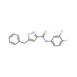 O=C(Nc1ccc(F)c(Cl)c1)c1cc(Cc2ccccc2)on1 ZINC000208074736