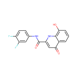 O=C(Nc1ccc(F)c(F)c1)c1cc(=O)c2cccc(O)c2[nH]1 ZINC000082149126