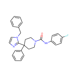 O=C(Nc1ccc(F)cc1)N1CCC(c2ccccc2)(c2nccn2Cc2ccccc2)CC1 ZINC000096310713