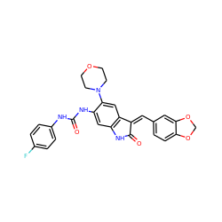 O=C(Nc1ccc(F)cc1)Nc1cc2c(cc1N1CCOCC1)/C(=C/c1ccc3c(c1)OCO3)C(=O)N2 ZINC000473105276