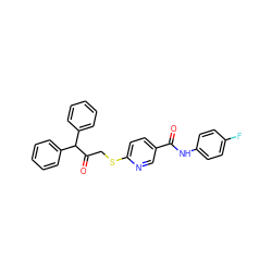 O=C(Nc1ccc(F)cc1)c1ccc(SCC(=O)C(c2ccccc2)c2ccccc2)nc1 ZINC000261084137