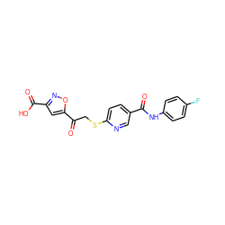 O=C(Nc1ccc(F)cc1)c1ccc(SCC(=O)c2cc(C(=O)O)no2)nc1 ZINC000202739098