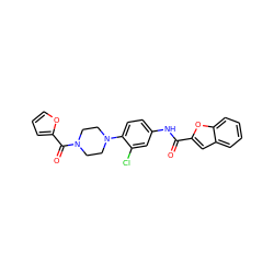 O=C(Nc1ccc(N2CCN(C(=O)c3ccco3)CC2)c(Cl)c1)c1cc2ccccc2o1 ZINC000001065666