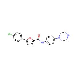 O=C(Nc1ccc(N2CCNCC2)cc1)c1ccc(-c2ccc(Cl)cc2)o1 ZINC000073224553