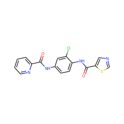 O=C(Nc1ccc(NC(=O)c2cncs2)c(Cl)c1)c1ccccn1 ZINC000082153857