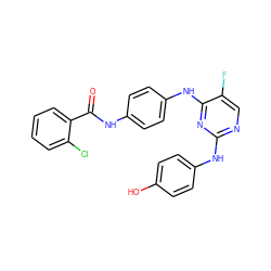 O=C(Nc1ccc(Nc2nc(Nc3ccc(O)cc3)ncc2F)cc1)c1ccccc1Cl ZINC000039280064