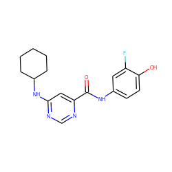 O=C(Nc1ccc(O)c(F)c1)c1cc(NC2CCCCC2)ncn1 ZINC000149746678