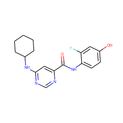 O=C(Nc1ccc(O)cc1F)c1cc(NC2CCCCC2)ncn1 ZINC000049036631