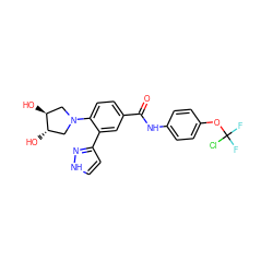 O=C(Nc1ccc(OC(F)(F)Cl)cc1)c1ccc(N2C[C@H](O)[C@@H](O)C2)c(-c2cc[nH]n2)c1 ZINC001772592823