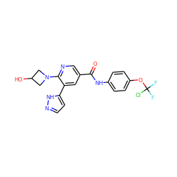 O=C(Nc1ccc(OC(F)(F)Cl)cc1)c1cnc(N2CC(O)C2)c(-c2ccn[nH]2)c1 ZINC000224428952