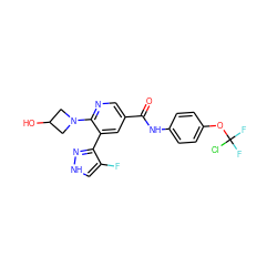 O=C(Nc1ccc(OC(F)(F)Cl)cc1)c1cnc(N2CC(O)C2)c(-c2n[nH]cc2F)c1 ZINC001772574385