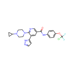 O=C(Nc1ccc(OC(F)(F)Cl)cc1)c1cnc(N2CCN(C3CC3)CC2)c(-c2ccn[nH]2)c1 ZINC000224426710