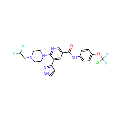 O=C(Nc1ccc(OC(F)(F)Cl)cc1)c1cnc(N2CCN(CC(F)F)CC2)c(-c2cc[nH]n2)c1 ZINC001772606057