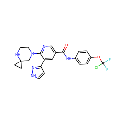 O=C(Nc1ccc(OC(F)(F)Cl)cc1)c1cnc(N2CCNC3(CC3)C2)c(-c2cc[nH]n2)c1 ZINC001772648120