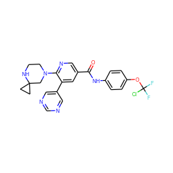 O=C(Nc1ccc(OC(F)(F)Cl)cc1)c1cnc(N2CCNC3(CC3)C2)c(-c2cncnc2)c1 ZINC001772657460