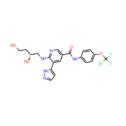 O=C(Nc1ccc(OC(F)(F)Cl)cc1)c1cnc(NC[C@H](O)CCO)c(-c2ccn[nH]2)c1 ZINC000224401730